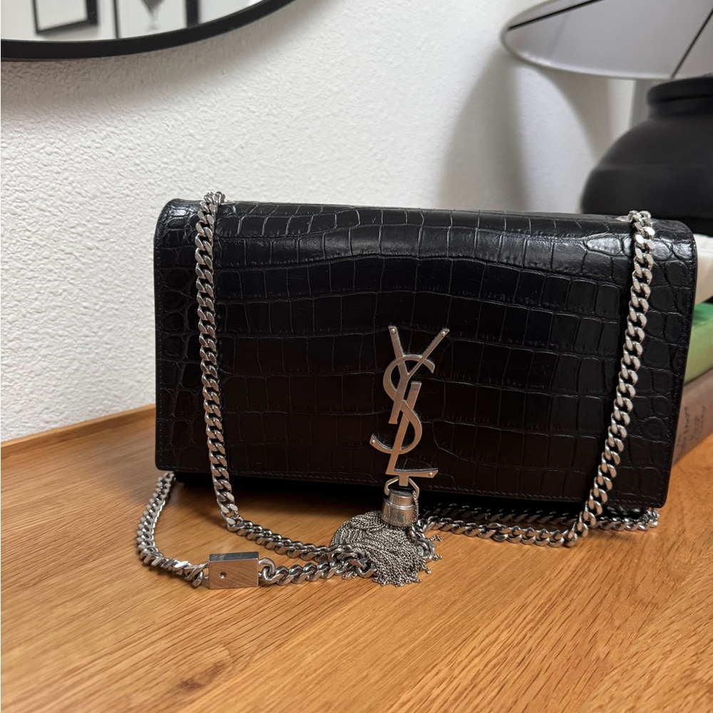Yves Saint Laurent Black Croc-Embossed Clutch with Silver Accents